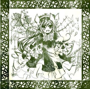 Rating: Safe Score: 0 Tags: 1girl dress image long_hair long_sleeves looking_at_viewer monochrome open_mouth shikishi smile solo suiseiseki traditional_media very_long_hair User: admin