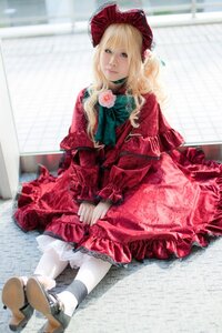 Rating: Safe Score: 0 Tags: 1girl blonde_hair blue_eyes bonnet bow dress flower long_hair long_sleeves pantyhose photo red_dress rose shinku sitting solo striped striped_legwear User: admin