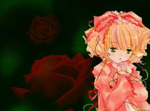 Rating: Safe Score: 0 Tags: 1girl black_background blonde_hair dress flower frills green_eyes hina_ichigo hinaichigo image long_sleeves looking_at_viewer red_flower red_rose ribbon rose short_hair simple_background solo upper_body User: admin