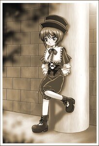 Rating: Safe Score: 0 Tags: 1girl bangs black_border boots border brown_theme eyebrows_visible_through_hair full_body hat image long_sleeves looking_at_viewer monochrome ribbon sepia short_hair sitting solo souseiseki User: admin