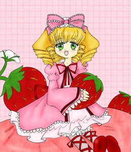 Rating: Safe Score: 0 Tags: 1girl apple blonde_hair bow dress drill_hair food frills fruit green_eyes hina_ichigo hinaichigo holding_fruit image long_sleeves object_namesake open_mouth pink_bow pink_dress pink_footwear sitting solo strawberry twin_drills watermelon User: admin