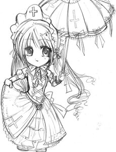 Rating: Safe Score: 0 Tags: 1girl blush dress flower frills holding_umbrella image long_hair long_sleeves looking_at_viewer monochrome parasol shinku solo umbrella white_background User: admin