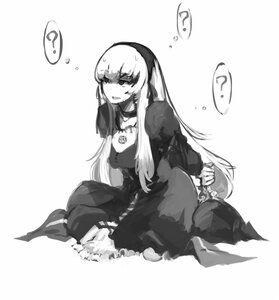 Rating: Safe Score: 0 Tags: 1girl ? bubble dress flower greyscale image long_hair long_sleeves monochrome sitting solo striped suigintou vertical_stripes User: admin
