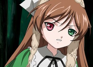 Rating: Safe Score: 0 Tags: 1girl braid brown_hair clenched_teeth green_eyes heterochromia image long_hair parody red_eyes ribbon solo suiseiseki twin_braids User: admin