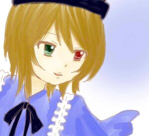 Rating: Safe Score: 0 Tags: 1girl blue_dress collar frills green_eyes hat heterochromia image looking_at_viewer red_eyes short_hair simple_background solo souseiseki upper_body white_background User: admin