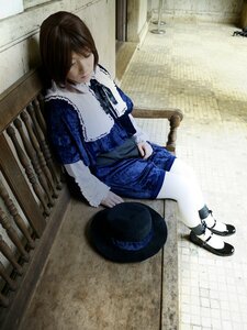 Rating: Safe Score: 0 Tags: 1girl black_cat blue_dress brown_hair cat dress hat hat_removed headwear_removed long_sleeves short_hair sitting solo souseiseki tiles User: admin