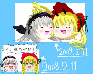 Rating: Safe Score: 0 Tags: 3girls :d black_wings blonde_hair blush blush_stickers bonnet closed_eyes drill_hair flower hairband image lolita_hairband long_hair multiple_girls open_mouth pair rose shinku silver_hair smile suigintou wings User: admin