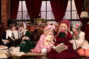 Rating: Safe Score: 0 Tags: blonde_hair book bow brown_hair closed_eyes curtains dress flower hair_ornament hat indoors long_sleeves multiple_cosplay multiple_girls pink_bow pink_dress rose short_hair sitting tagme window User: admin