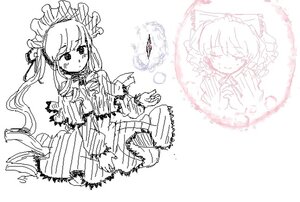 Rating: Safe Score: 0 Tags: 1girl bow detached_sleeves dress hakurei_reimu image long_hair monochrome shinku solo teacup User: admin