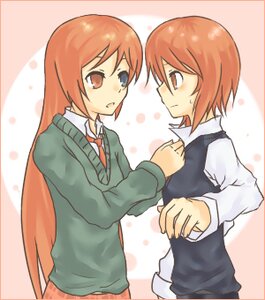 Rating: Safe Score: 0 Tags: 2girls blush brown_hair holding_hands image long_hair long_sleeves multiple_girls necktie pair red_eyes school_uniform shirt short_hair siblings sisters skirt souseiseki striped suiseiseki User: admin