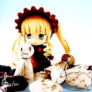 Rating: Safe Score: 0 Tags: 1girl bangs blonde_hair blue_eyes cat cup doll dress drill_hair long_hair long_sleeves shinku sitting solo teacup User: admin