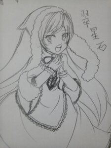 Rating: Safe Score: 0 Tags: 1girl :d dress fur_trim greyscale image long_hair long_sleeves looking_at_viewer monochrome open_mouth simple_background smile solo suiseiseki traditional_media very_long_hair User: admin