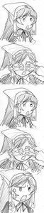 Rating: Safe Score: 0 Tags: 4koma blush comic greyscale hair_between_eyes hair_ribbon image long_hair monochrome open_mouth ribbon smile solo suiseiseki sweatdrop User: admin