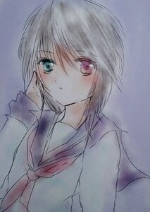 Rating: Safe Score: 0 Tags: 1girl collared_shirt eyebrows_visible_through_hair hariruri heterochromia image long_sleeves looking_at_viewer necktie red_eyes shirt short_hair simple_background solo souseiseki traditional_media upper_body User: admin