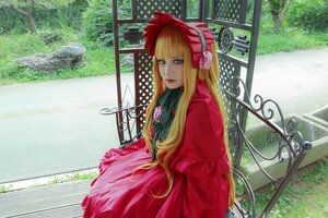 Rating: Safe Score: 0 Tags: 1girl bangs blonde_hair blue_eyes blunt_bangs bonnet dress flower long_hair looking_at_viewer red_dress shinku solo very_long_hair User: admin