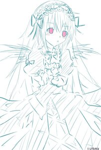 Rating: Safe Score: 0 Tags: 1girl blush dress eyebrows_visible_through_hair frills hairband image juliet_sleeves lolita_hairband long_hair long_sleeves looking_at_viewer monochrome puffy_sleeves ribbon simple_background solo suigintou very_long_hair white_background wings User: admin