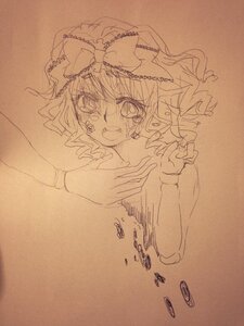 Rating: Safe Score: 0 Tags: 1girl bow crying hair_bow hakurei_reimu hinaichigo image monochrome solo tears traditional_media User: admin