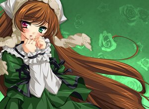 Rating: Safe Score: 0 Tags: 1girl blush brown_hair dress flower green_dress green_eyes hat heterochromia image long_hair long_sleeves looking_at_viewer lying red_eyes rose solo suiseiseki very_long_hair User: admin