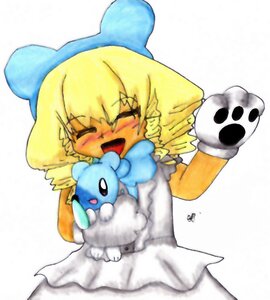 Rating: Safe Score: 0 Tags: 1girl :d blonde_hair blue_bow blurry blush closed_eyes dress hat hinaichigo image open_mouth pokemon_(creature) smile solo striped white_background User: admin