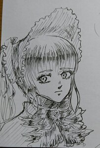 Rating: Safe Score: 0 Tags: 1girl bangs bonnet closed_mouth frills greyscale image long_hair looking_at_viewer monochrome photo portrait shinku simple_background sketch solo traditional_media User: admin
