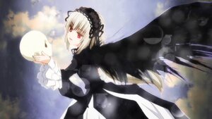 Rating: Safe Score: 0 Tags: 1girl bangs black_wings cloud dress frills hairband image lolita_hairband long_sleeves looking_at_viewer red_eyes silver_hair sky solo suigintou wings User: admin