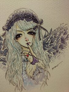Rating: Safe Score: 0 Tags: 1girl bangs finger_to_mouth flower hairband image long_hair solo suigintou traditional_media User: admin