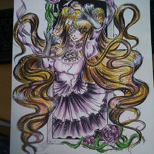 Rating: Safe Score: 0 Tags: 1girl blonde_hair colored_pencil_(medium) dress flower image kirakishou long_hair marker_(medium) pink_flower pink_rose rose shikishi signature smile solo thorns traditional_media very_long_hair vines watercolor_(medium) yellow_eyes User: admin