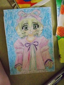 Rating: Safe Score: 0 Tags: 1girl :d bangs blonde_hair dress green_eyes hinaichigo image looking_at_viewer open_mouth outdoors photo short_hair smile solo traditional_media User: admin
