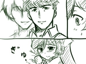 Rating: Safe Score: 0 Tags: 1boy 1girl auto_tagged blush couple hair_ornament hairclip image looking_at_viewer monochrome short_hair smile solo suiseiseki User: admin