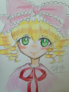 Rating: Safe Score: 0 Tags: 1girl blonde_hair blush bow colored_pencil_(medium) eyebrows_visible_through_hair green_eyes hina_ichigo hinaichigo image looking_at_viewer marker_(medium) millipen_(medium) photo portrait ribbon shikishi short_hair signature simple_background smile solo traditional_media User: admin