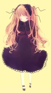 Rating: Safe Score: 0 Tags: 1girl black_dress blonde_hair dress frills full_body hairband image lolita_fashion long_hair long_sleeves pantyhose ribbon shinku shoes simple_background solo standing two_side_up very_long_hair yellow_background User: admin