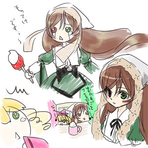 Rating: Safe Score: 0 Tags: 2girls :d blonde_hair brown_hair comic dress food green_dress green_eyes hat head_scarf heterochromia holding image long_hair long_sleeves multiple_girls open_mouth red_eyes siblings solo suiseiseki very_long_hair watering_can white_background User: admin