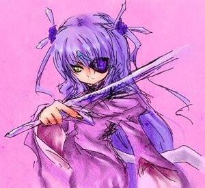 Rating: Safe Score: 0 Tags: 1girl barasuishou dress hair_ornament hair_ribbon holding image long_hair long_sleeves purple_hair purple_theme solo upper_body weapon User: admin