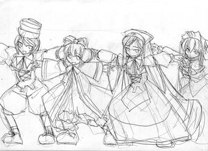 Rating: Safe Score: 0 Tags: 4girls auto_tagged bow dress drill_hair full_body hat image long_hair long_sleeves looking_at_viewer monochrome multiple multiple_girls open_mouth short_hair sketch smile tagme very_long_hair wide_sleeves User: admin
