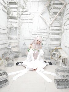 Rating: Safe Score: 0 Tags: 1girl bare_shoulders city dress kirakishou long_hair shoes sitting solo white_hair white_legwear white_theme User: admin