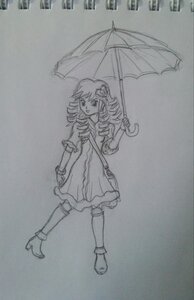 Rating: Safe Score: 0 Tags: 1girl boots dress drill_hair frog_hair_ornament full_body greyscale hair_ornament hinaichigo holding_umbrella image kochiya_sanae monochrome parasol rain ringlets solo standing traditional_media twin_drills umbrella User: admin