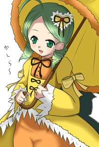 Rating: Safe Score: 0 Tags: 1girl ahoge dress drill_hair green_eyes green_hair holding holding_umbrella image kanaria long_sleeves looking_at_viewer open_mouth parasol ribbon solo twin_drills umbrella yellow_dress User: admin