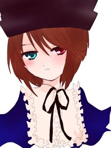 Rating: Safe Score: 0 Tags: 1girl black_headwear blush brown_hair closed_mouth frills hariruri hat heterochromia image looking_at_viewer neck_ribbon red_eyes ribbon short_hair simple_background solo souseiseki striped striped_background upper_body white_background User: admin