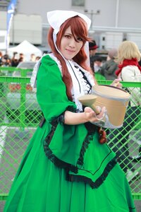 Rating: Safe Score: 0 Tags: 2girls apron blonde_hair blurry blurry_background blurry_foreground depth_of_field dress fence green_dress head_scarf multiple_girls red_hair smile solo suiseiseki User: admin