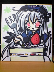 Rating: Safe Score: 0 Tags: 1girl blush dress food fruit image long_hair marker_(medium) red_eyes shikishi solo strawberry suigintou traditional_media wings User: admin