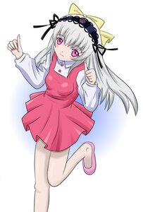 Rating: Safe Score: 3 Tags: 1girl dress hairband image leg_up long_hair long_sleeves looking_at_viewer pantyhose pink_eyes pink_footwear silver_hair smile solo standing_on_one_leg suigintou white_legwear User: admin