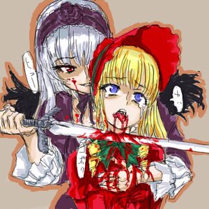 Rating: Safe Score: 0 Tags: 2girls black_wings blonde_hair blood blood_on_face blue_eyes bonnet dress frills guro hairband hat image long_hair long_sleeves lowres multiple_girls osakana_(denpa_yun'yun) pair red_eyes rozen_maiden shinku silver_hair suigintou sword weapon wings User: admin