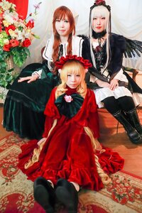 Rating: Safe Score: 0 Tags: 3girls blonde_hair blue_eyes boots closed_eyes dress flower hat lips long_hair multiple_cosplay multiple_girls silver_hair sitting tagme User: admin