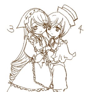 Rating: Safe Score: 0 Tags: 2girls blush capelet dress frills hat image long_hair long_sleeves monochrome multiple_girls pair short_hair smile souseiseki suiseiseki very_long_hair User: admin
