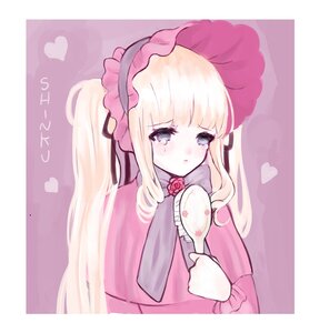 Rating: Safe Score: 0 Tags: 1girl bangs blonde_hair blush bonnet cup flower hairband heart image long_hair looking_at_viewer rose shinku solo spoon striped striped_background teacup twintails upper_body User: admin