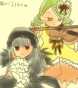 Rating: Safe Score: 0 Tags: 2girls black_wings dress flower frills green_eyes green_hair guitar hairband image instrument kanaria long_hair long_sleeves multiple_girls music pair playing_instrument rose shinku silver_hair suigintou violin wings yellow_background User: admin