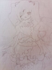 Rating: Safe Score: 0 Tags: 1girl cowboy_shot dress frills image kirakishou long_hair long_sleeves looking_at_viewer monochrome smile solo traditional_media very_long_hair User: admin