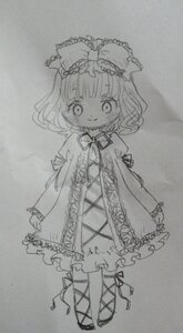 Rating: Safe Score: 0 Tags: 1girl blush bow dress frills full_body graphite_(medium) greyscale hair_bow hair_ribbon hinaichigo image kagiyama_hina long_sleeves looking_at_viewer monochrome ribbon short_hair smile solo standing traditional_media User: admin