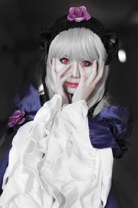 Rating: Safe Score: 0 Tags: 1girl dress flower hairband hands_on_own_cheeks hands_on_own_face long_sleeves looking_at_viewer pink_flower pink_rose purple_rose red_eyes rose silver_hair solo suigintou upper_body User: admin