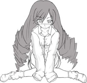 Rating: Safe Score: 0 Tags: 1girl bangs blush full_body greyscale image long_hair long_sleeves loose_socks monochrome no_shoes shirt sitting socks solo striped suiseiseki wariza User: admin